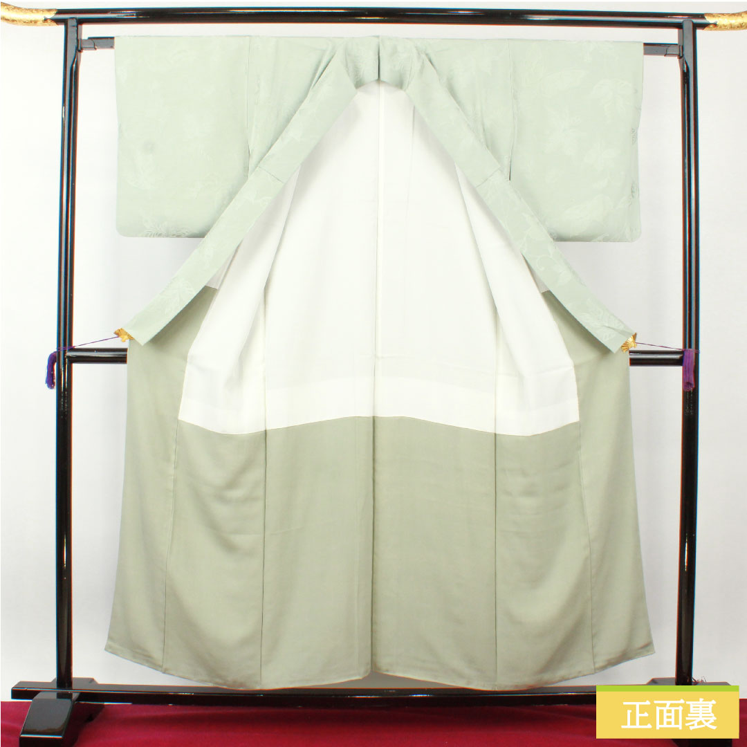 Plain color, pure silk, length 155.5cm, sleeve length 63cm, blue-and-white porcelain color, butterfly and flower pattern, three-way split katabami, lined, S rank, gray 1114001492322