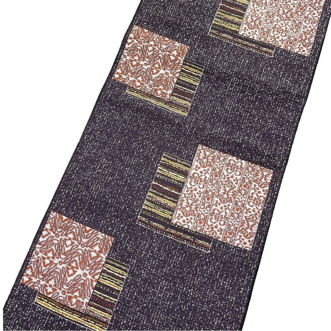 名古屋帯 藤煤竹色 抽象四角模様 帯丈367cm ポリ Sランク 六通 カジュアル グレー系 1124003782322  名古屋仕立て