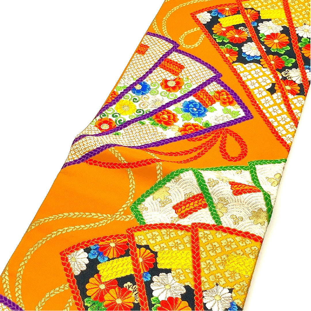 袋帯 扇 振袖用 唐花模様 帯丈428cm 正絹 Sランク 六通 フォーマル 朱系 1123003432316