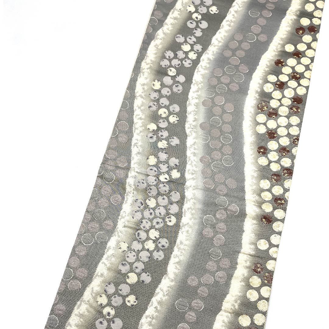 袋帯 水銀色（すいぎんいろ） 加納幸 幾何学模様 帯丈434cm 正絹 Sランク 六通 セミフォーマル グレー系 1123008582322