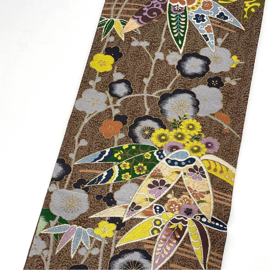 袋帯 鳶色（とびいろ） 松竹梅 桜 白綾苑大庭 帯丈432cm 正絹 Aランク 六通 フォーマル 茶系 1123006153314