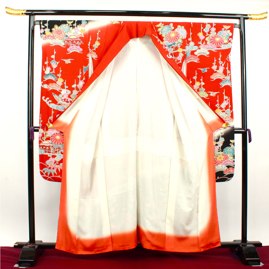 振袖 身丈158cm 裄丈66cm 袷  緋色 京紅型 松竹梅 菊 鳥 吉祥文様  正絹 Sランク 赤系 1113001602312