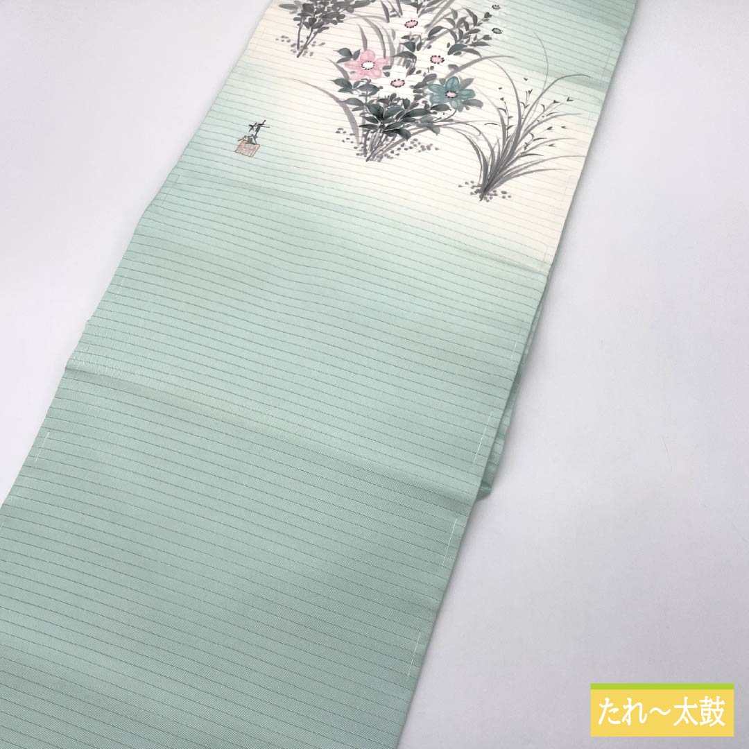 名古屋帯 正絹 薄浅葱色（うすあさぎいろ） 夏帯 作家物 染め帯 帯丈379cm Sランク ポイント柄 セミフォーマル 緑系 1124008552319 名古屋仕立て