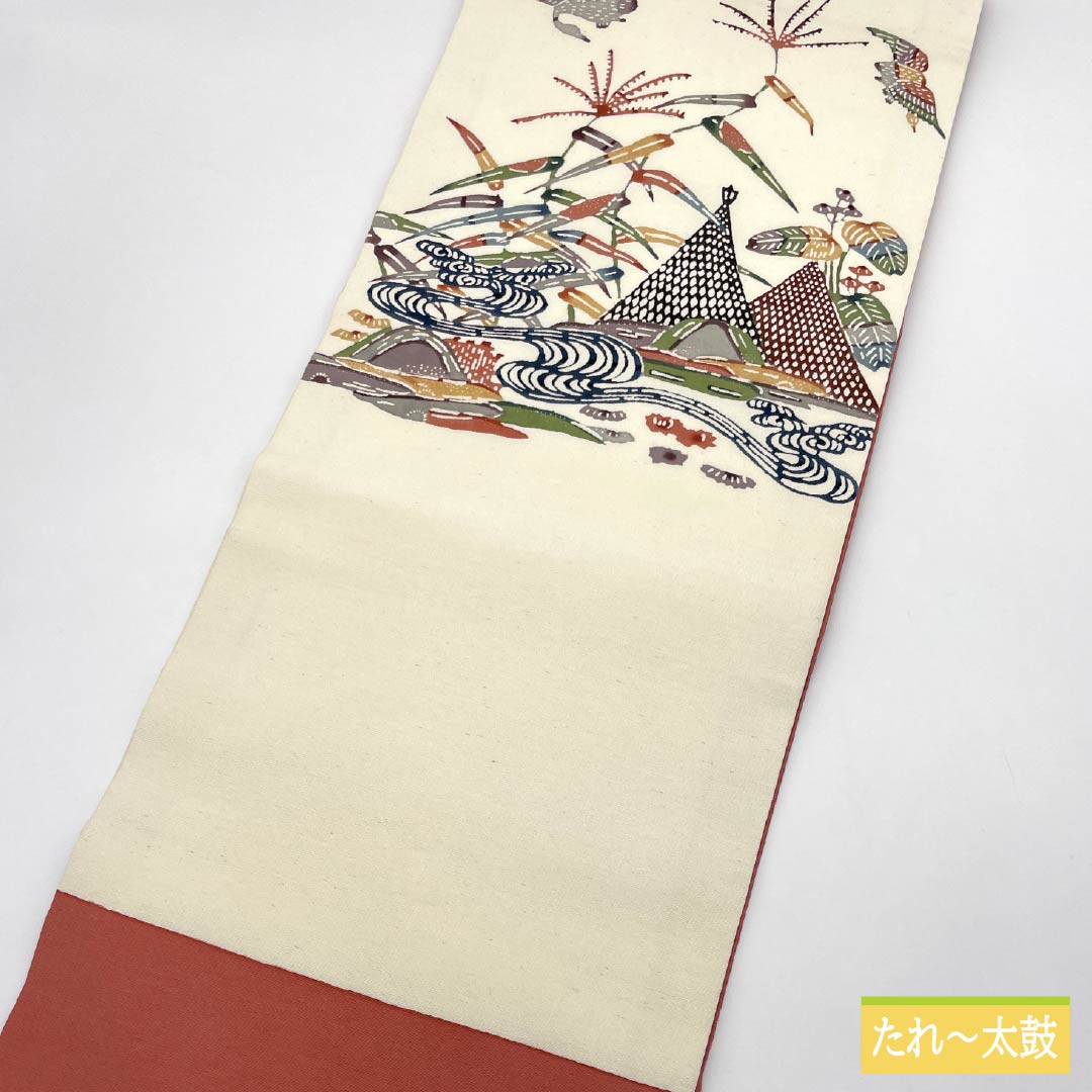 名古屋帯 乳白色色（にゅうはくしょくいろ） 京紅型 風景模様 鳥 帯丈360cm 正絹 Sランク ポイント柄 カジュアル クリーム系 1124007242315 名古屋仕立て