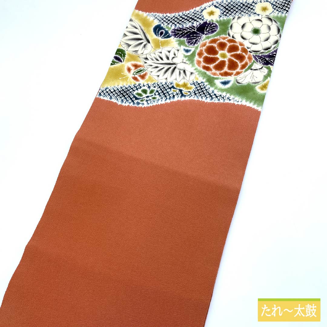 名古屋帯 珊瑚色（さんごいろ） ちりめん地 辻ヶ花 帯丈360cm 正絹 Sランク ポイント柄 カジュアル 橙系 1124008292326 名古屋仕立て