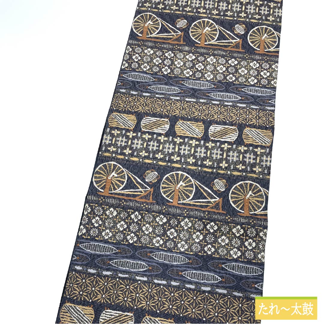 袋帯 正絹 紺滅色（こんけしいろ） 機織り 糸巻き 花模様 帯丈440cm Sランク 六通 カジュアル グレー系 1123013022322