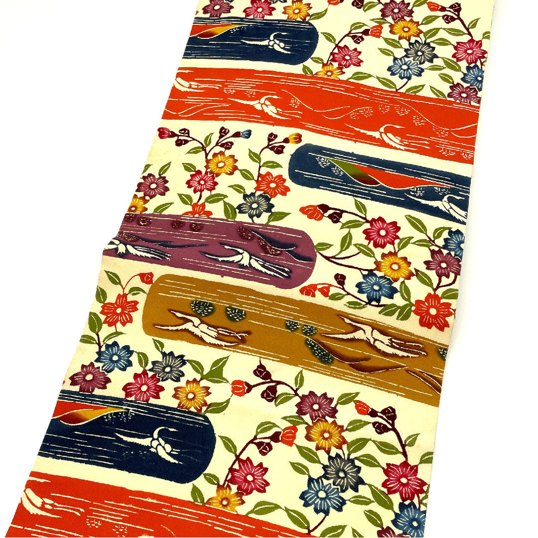 名古屋帯 型染 群鶴に枝花模様 単衣 帯丈311cm 正絹 Bランク 全通 カジュアル クリーム系 1124001404315  名古屋仕立て