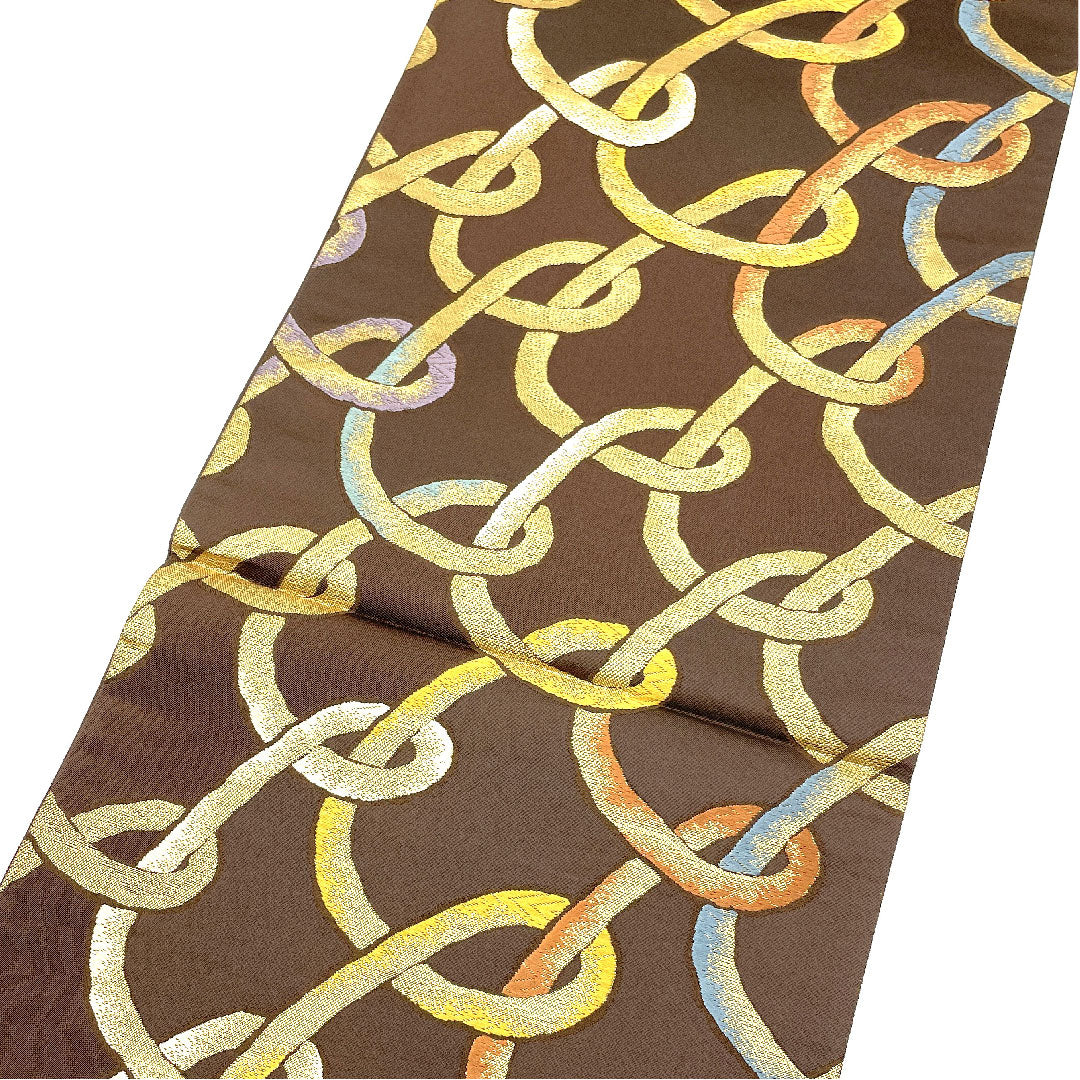 袋帯 輪繋ぎ 帯丈434cm 正絹 Bランク 六通 カジュアル 茶系 1123003884314