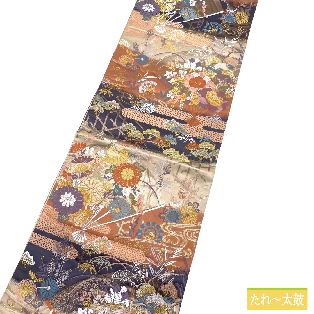 袋帯 正絹 Aランク 西陣織 扇面春秋花文 帯丈420cm 六通 フォーマル グラデーション系 1123017673399