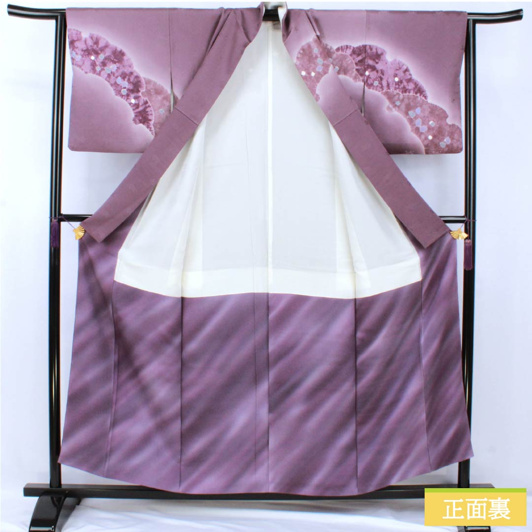 Visiting Kimono, Pure Silk, Grade A, Lined, Length 156.5cm, Sleeve Length 63cm, Ancient Purple (Kodai Murasaki Iro), Shibori Pattern, Snow Circle, Camellia, Sayagata Pattern, Purple, Item Number: 1112007063320