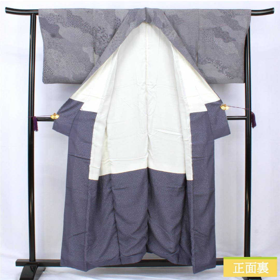 訪問着 正絹 Aランク 袷 身丈155cm 裄丈64.5cm 蒲萄鼠色（ぶどうねずいろ） 江戸小紋 型染 パールトーン加工 吉祥文様 紫系 1112006183320