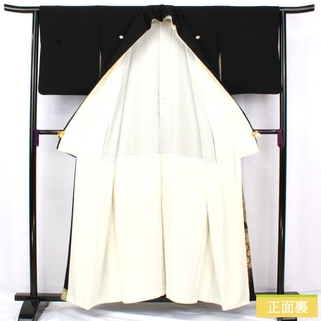 Black formal kimono, pure silk, length 155cm, sleeve length 63.5cm, lined, artist work, Kyoto Yuzen, flower cart, five crests, ivy, B rank, black, 1111001454310
