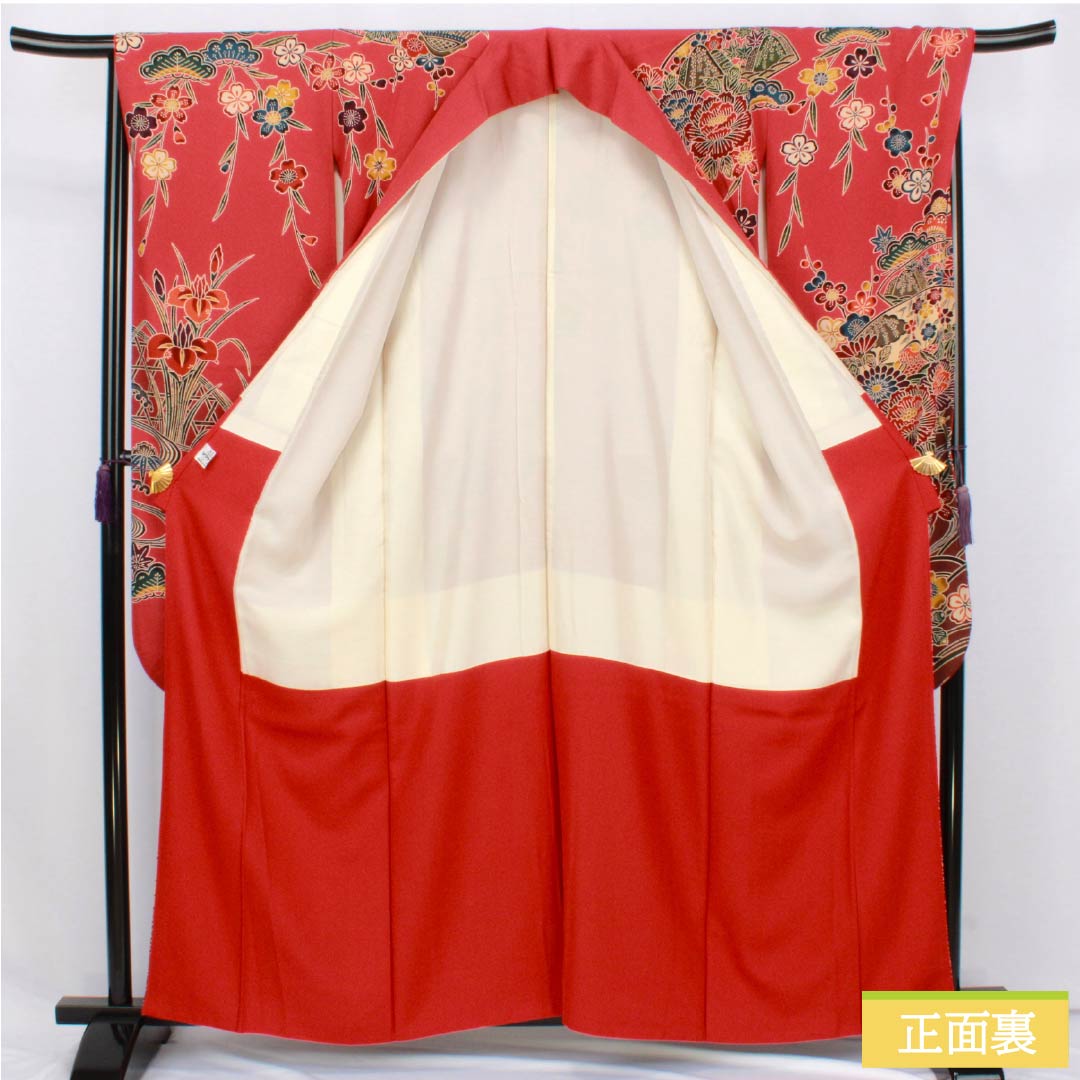 Silk Furisode, S-rank, Length 162.5cm, Sleeve-to-sleeve 68cm, Lined, Momiiro (crimson), Kyo-Bingata, Auspicious patterns, Floral, Fan motif, Flowing water, Red family, 1113002672412