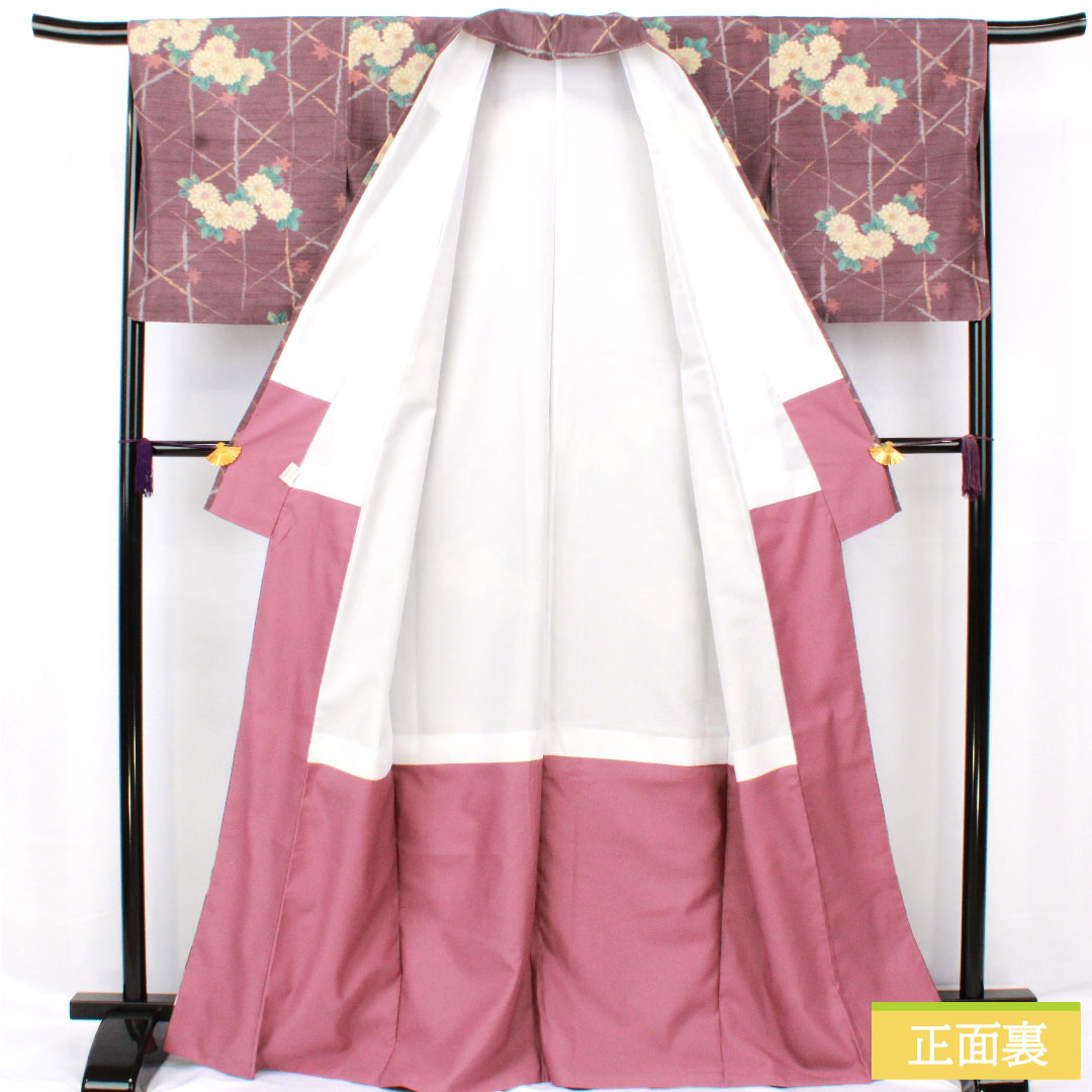 小紋 ポリエステル 身丈167.5cm 裄丈67cm 袷 滅紫色（けしむらさきいろ） 洗える着物 菊 Sランク 紫系 1115004592520