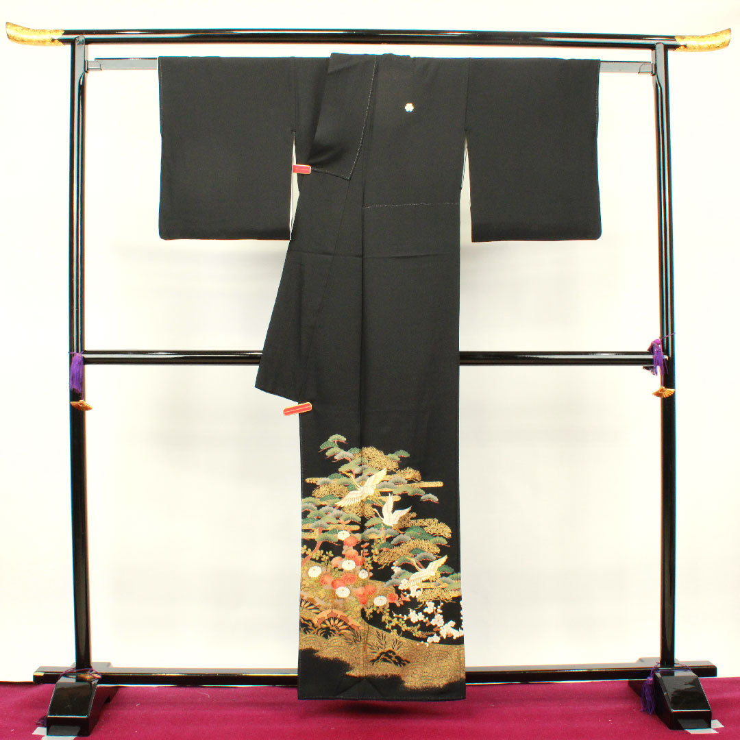 黒留袖 身丈159.5cm 裄丈65cm 袷 京友禅 鶴 片喰 正絹 Aランク 五つ紋 黒系 1111000713310