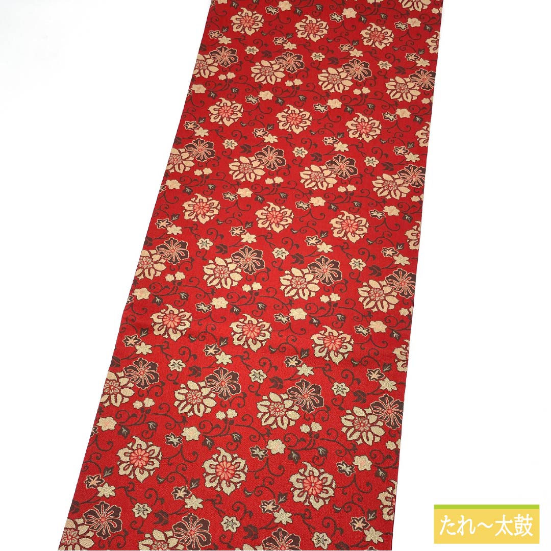 袋帯 正絹 赤紅色（あかべにいろ） 花唐草 帯丈428cm Sランク 全通 カジュアル 赤系 1123013242312