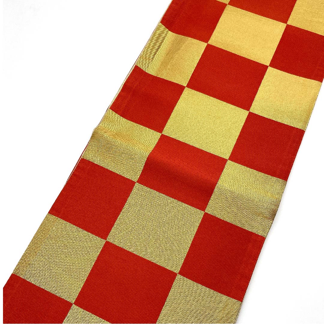 袋帯 金色 振袖用 市松 帯丈432cm 正絹 Aランク 六通 フォーマル 金系 1123006453321