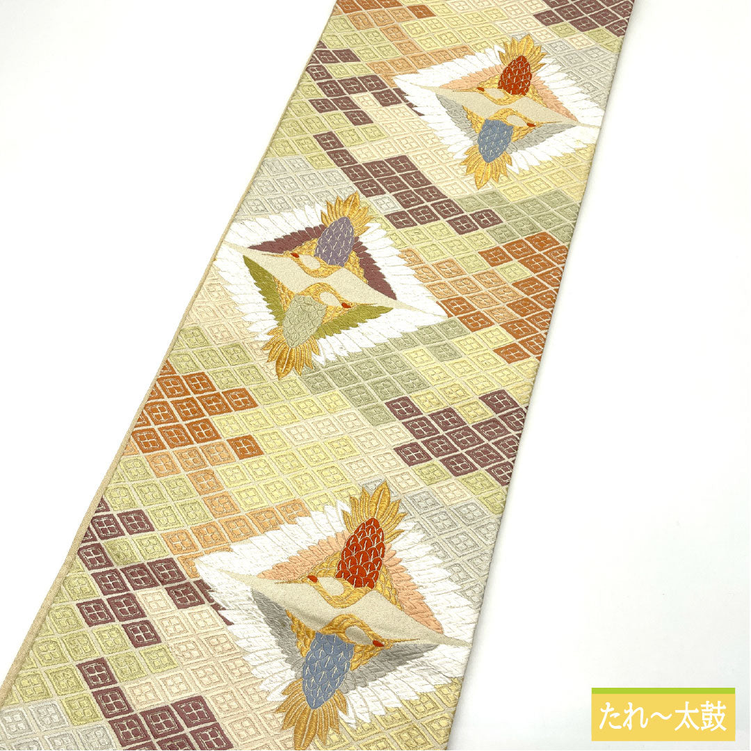 袋帯 正絹 Aランク 蕎麦切色（そばきりいろ） 西陣織 唐織 向かい鶴 亀甲 帯丈434cm 六通 フォーマル ベージュ系 1123016063325