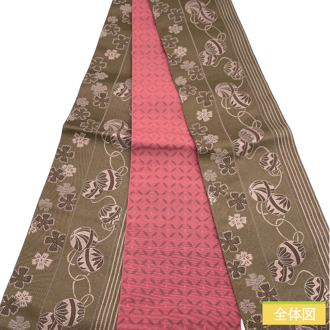 （新品）半幅帯 ポリエステル NEWランク 栗色（くりいろ） 海老色（えびいろ） 桜 毬 縞 七宝 帯丈394cm 茶系 1125006361314