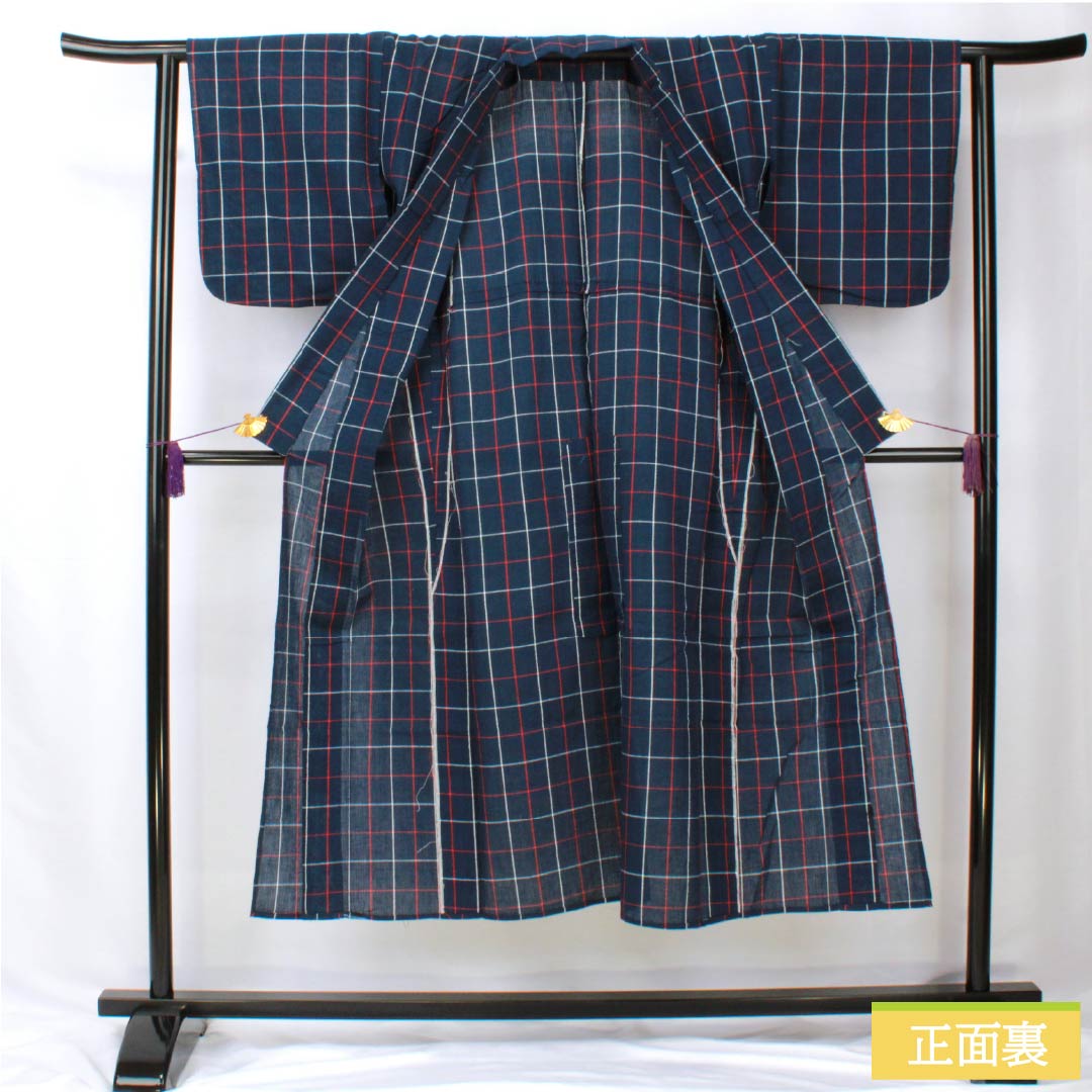 浴衣 木綿 身丈142cm 裄丈63cm Bランク 単衣 紺系 しじら織 紅白格子 1118005834118