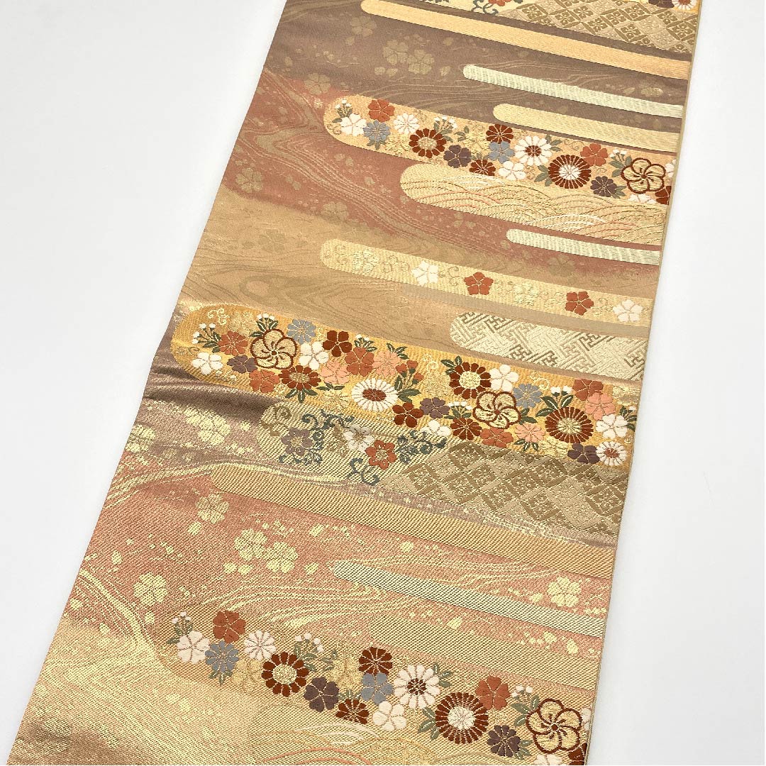 袋帯 横段 七宝 青海波 古典花 帯丈434cm 正絹 Aランク 六通 フォーマル グラデーション系 1123005423399