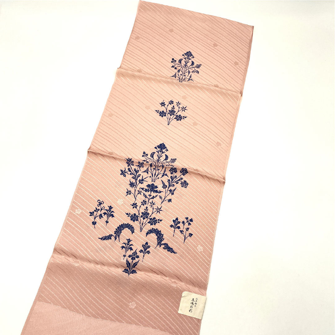 (Like New) Silk Obiage (Sash) - New, Casual, Light Crimson (Asabe Niiro) - Goshima Himo (Cord) - Abstract Floral Pattern with Plum Blossoms - Approximately 180cm Long, 30cm Wide, Pink (Product Code: 1136001101913)