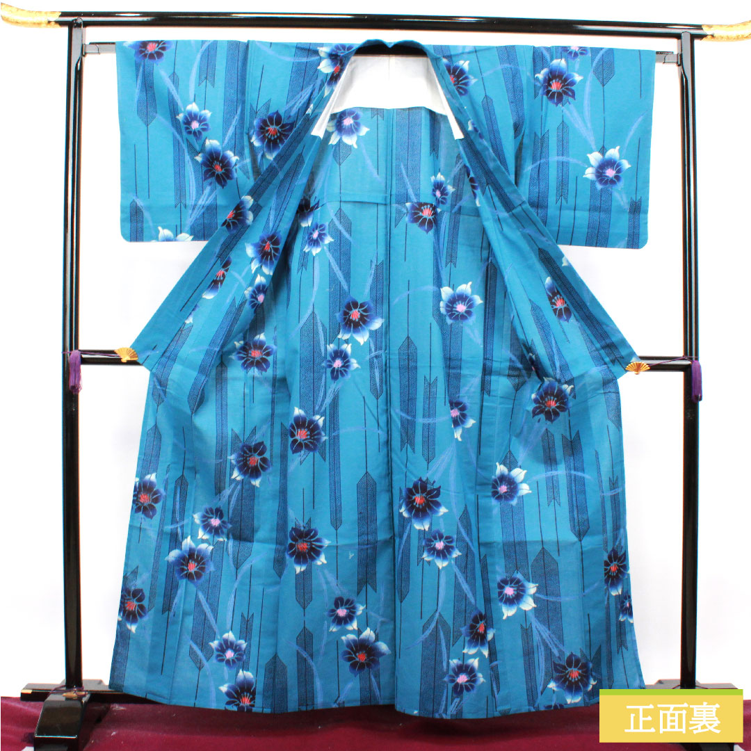 Yukata Cotton Length 162.5cm Sleeve length 65.5cm S rank Single layer Blue Mashana color Arrow feather Abstract flower 1118004822417