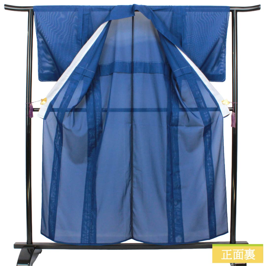 夏物 ポリエステル 色無地 Sランク 身丈156.5cm 裄丈63cm 紺桔梗色（こんききょういろ） 素無地 洗える着物 絽 紺系 1132005452318