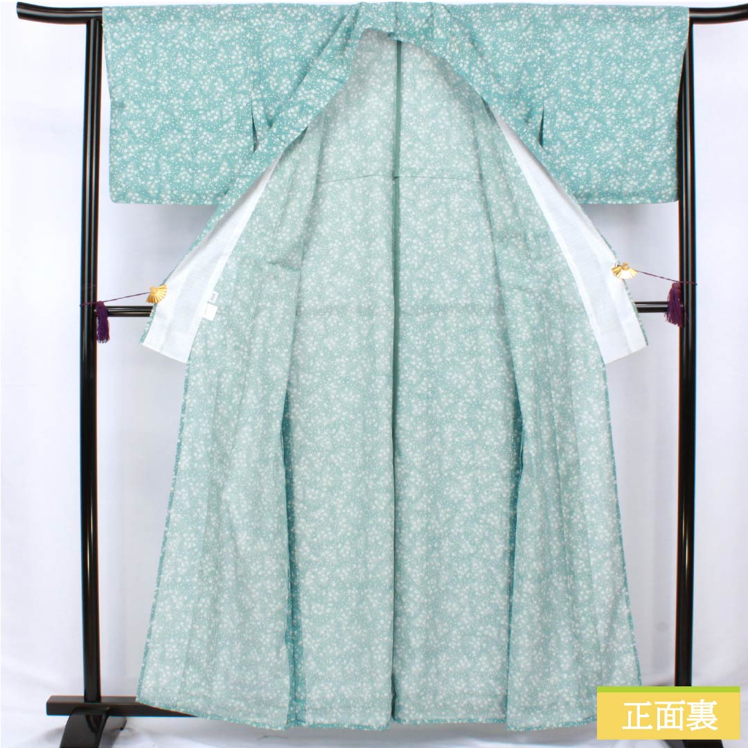 夏物 ポリエステル 小紋 身丈161cm 裄丈64cm 水浅葱色（みずあさぎいろ） 小花 洗える着物 絽 Aランク 水色系 1132002473424