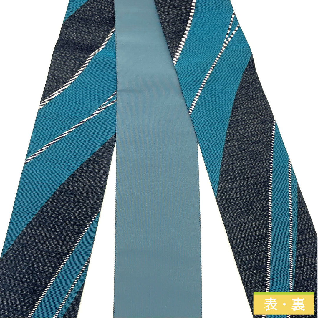 （新品未使用品）角帯 正絹 NEWランク 碧色（へきしょく） 幾何学模様 全通  帯丈436cm 幅10cm グラデーション系 1134000591999