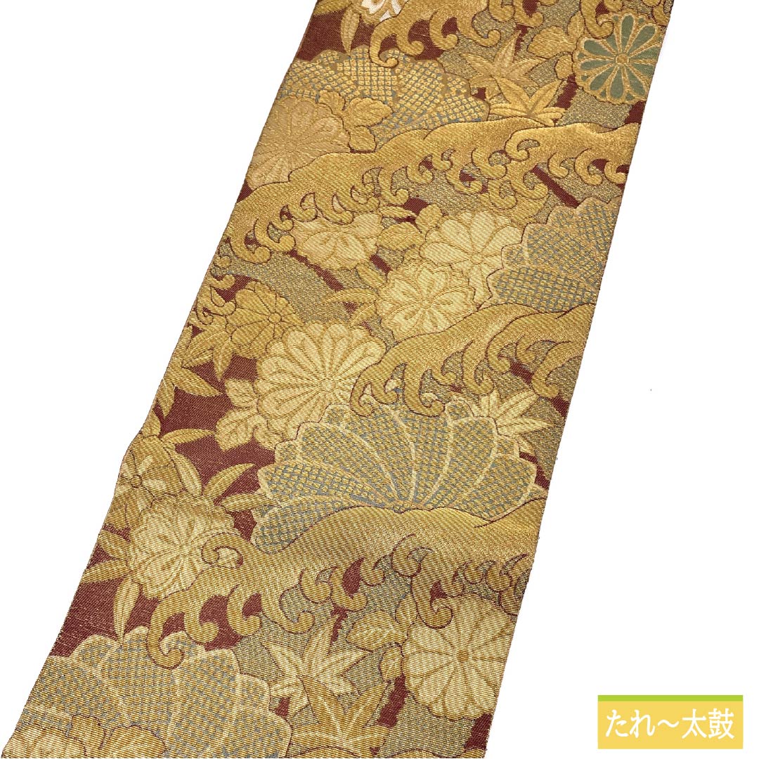 袋帯 正絹 留袖用 輪奈織 ねじり菊 波 桜 帯丈454cm Aランク 六通 フォーマル 金系 1123014353421