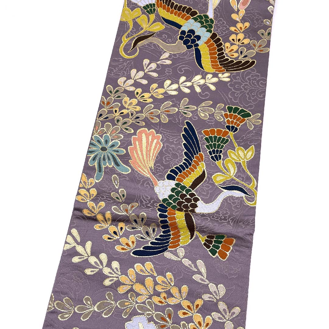 袋帯 浅滅紫色（あさきけしむらさきいろ） 振袖用 白綾苑大庭 鳥 花 帯丈427cm 正絹 Sランク 六通 フォーマル 紫系 1123009482320