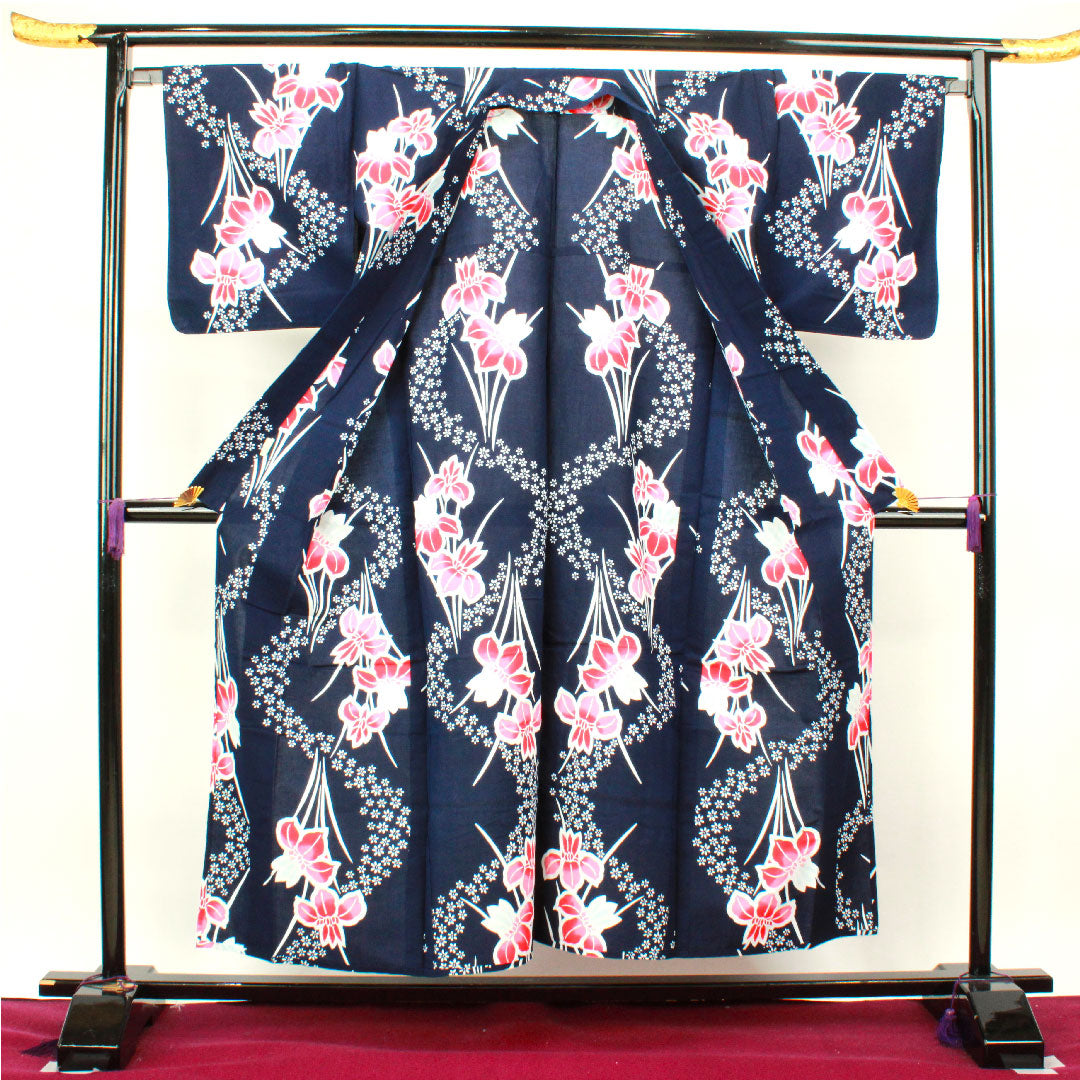 再生和服] 浴衣，深蓝色，鸢尾花，棉，S级，单层，长度152厘米