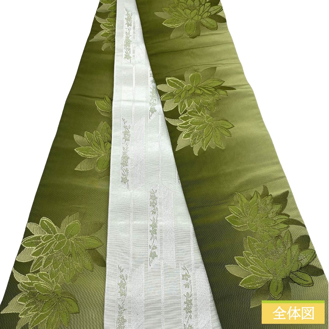 半幅帯 ポリエステル Aランク 柳茶色（やなぎちゃいろ） ガルグレー リバーシブル 蓮の花 矢羽根 桔梗 帯丈356cm マルチカラー 1125004603328