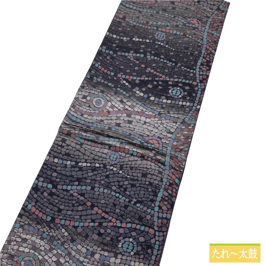袋帯 正絹 Aランク 青褐色（あおかちいろ） 石畳 抽象柄   帯丈436cm 六通 カジュアル 紺系 1123018713318