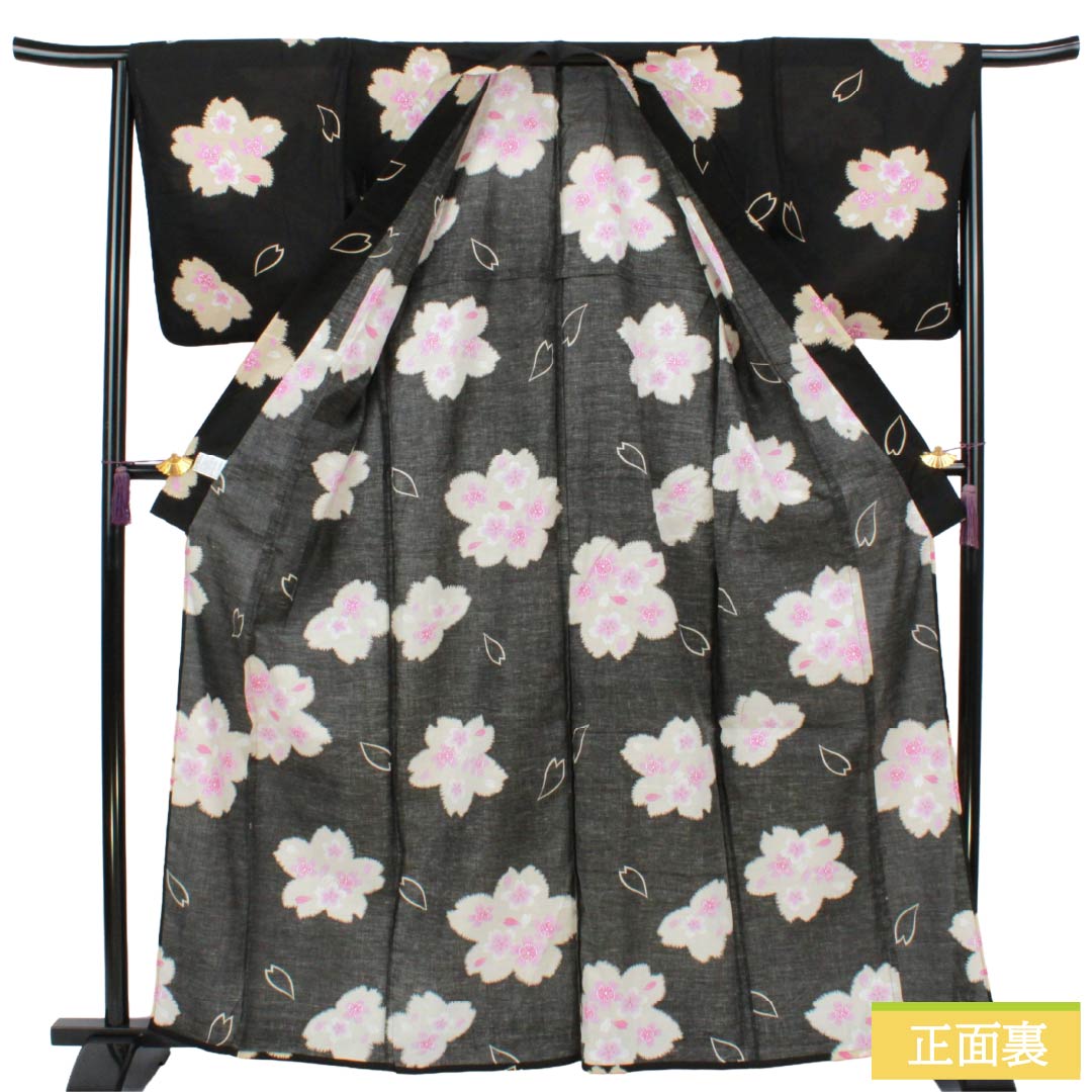 浴衣 木綿 Aランク 身丈163.5cm 裄丈66cm 桜 単衣 黒系 1118007453410