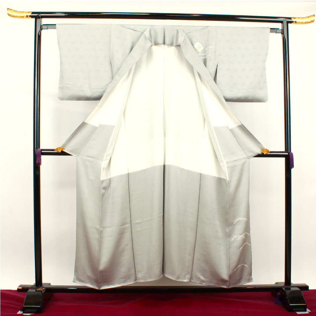 訪問着 正絹 袷 身丈152.5cm 裄丈62.5cm 白銅色 京友禅 絞り 刺繡 Aランク グレー系 1112003033222