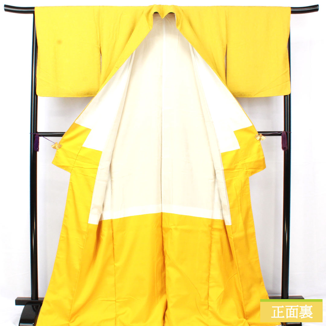 色無地 正絹 身丈168cm 裄丈65.5cm 藤黄色（とうおういろ） 唐草模様 袷 Aランク 黄系 1114001673523