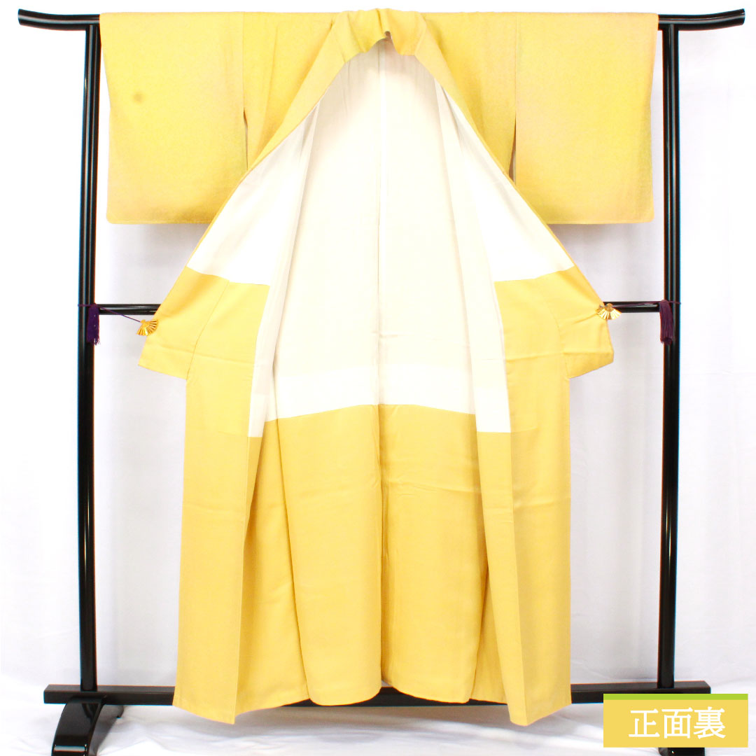 色無地 正絹 身丈156cm 裄丈63cm 一つ紋 丸に四ツ目菱 袷 Sランク 黄系 1114001922323