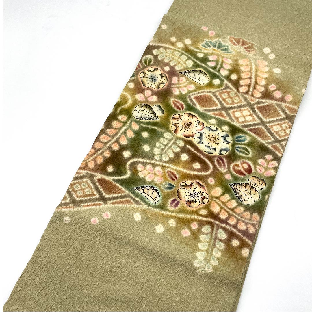 名古屋帯 蒸栗色 辻ヶ花 帯丈340cm 正絹 Aランク ポイント柄 セミフォーマル 黄系 1124003533323  開き仕立て