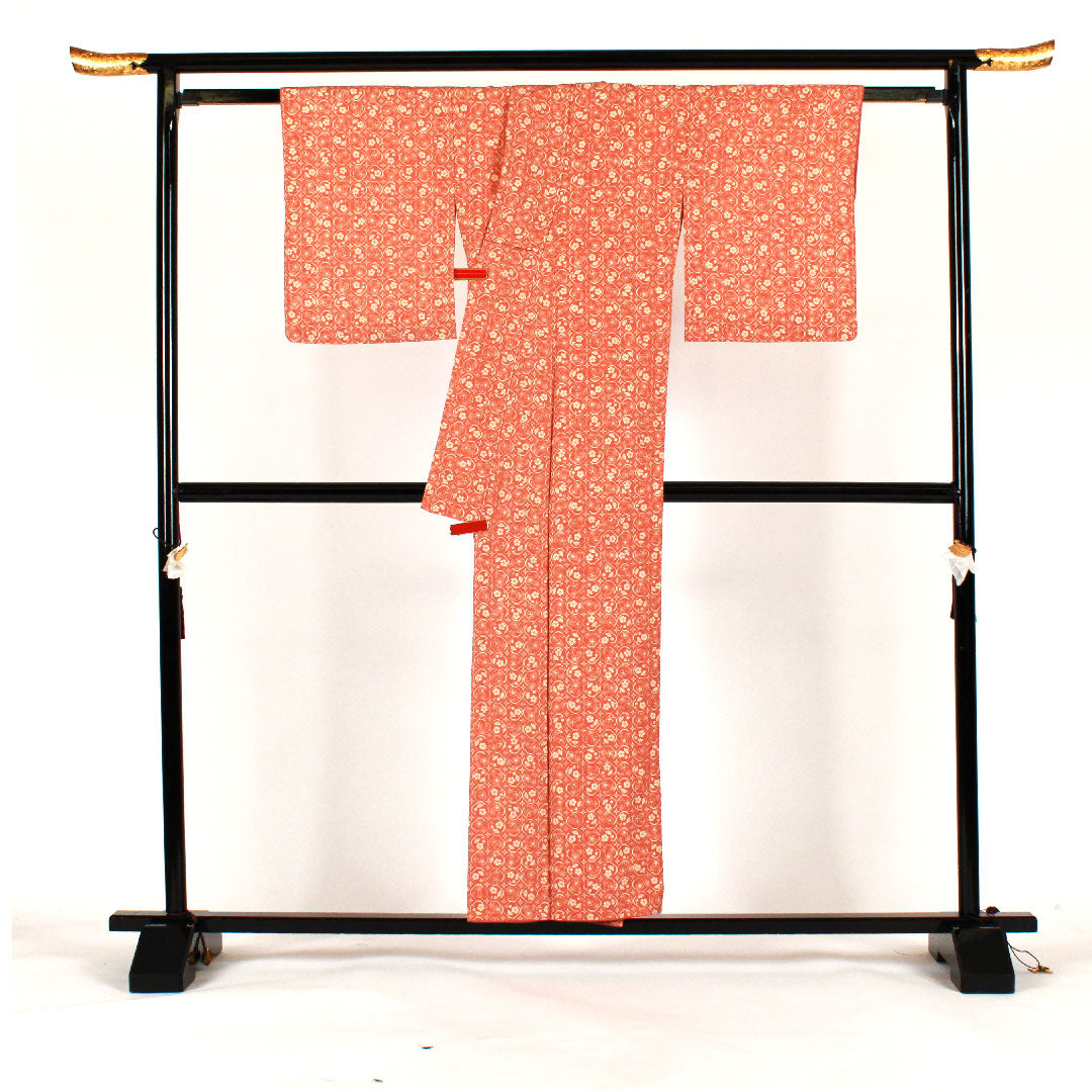 小紋 身丈155cm 裄丈63cm 袷  小花模様 洗える着物  ポリ Sランク ピンク系 1115000802313