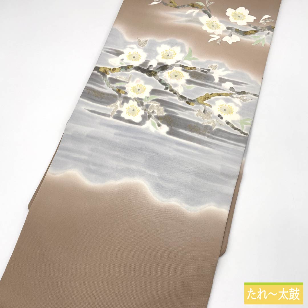 Nagoya-style Akakouiro dyed obi with cherry blossom motif, length 363cm, pure silk, S-rank, point pattern, brown, semi-formal, 1124008942314, Nagoya-made