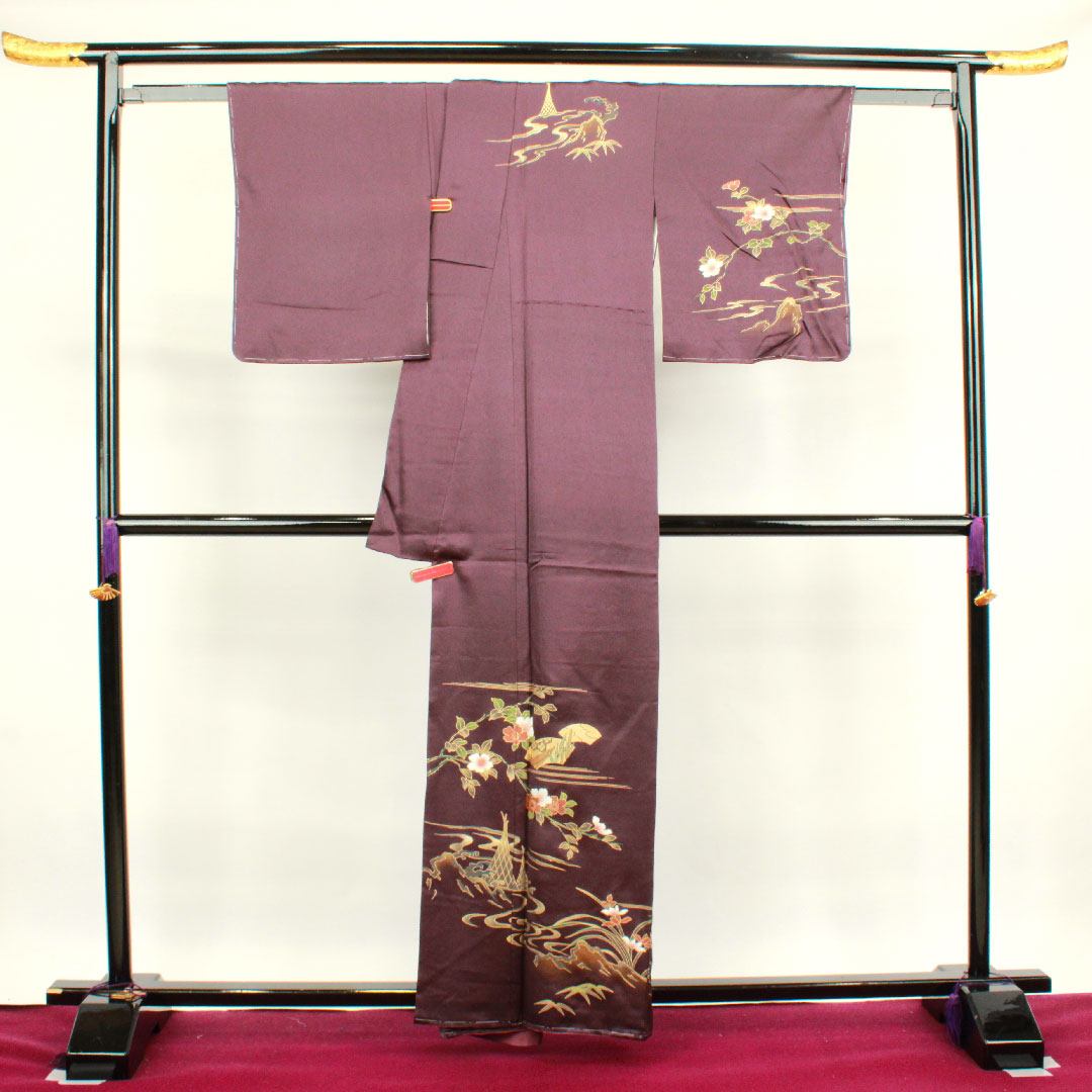 訪問着 袷 身丈160.5cm 裄丈65cm しつけ糸付き 深紫色 京友禅 草花模様 正絹 Aランク 紫系 1112002413420
