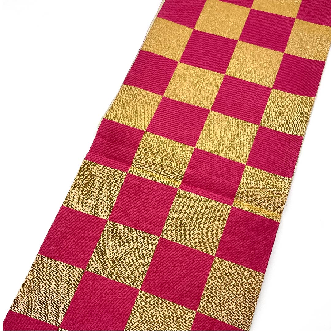 袋帯 金色 振袖用 市松 帯丈432cm 正絹 Aランク 六通 フォーマル 金系 1123006373321