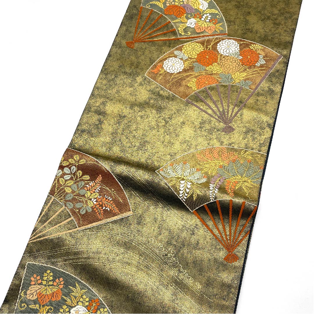（未仕立）袋帯 金色 扇面 花模様 帯丈443cm 正絹 Sランク 六通 フォーマル 金系 1123005932321