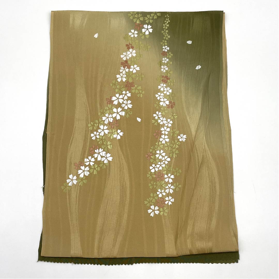 帯揚げ 正絹 セミフォーマル 利休茶色（りきゅうちゃいろ） 桜 古典柄 長さ約170cm 幅約29.5cm Sランク 緑系 1136000302919