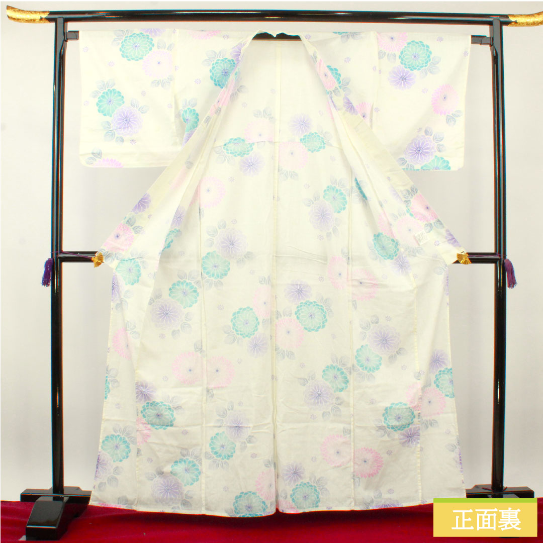 Yukata Cotton Length 163cm Sleeve length 66.5cm S rank Single layer White Chrysanthemum 1118005042411