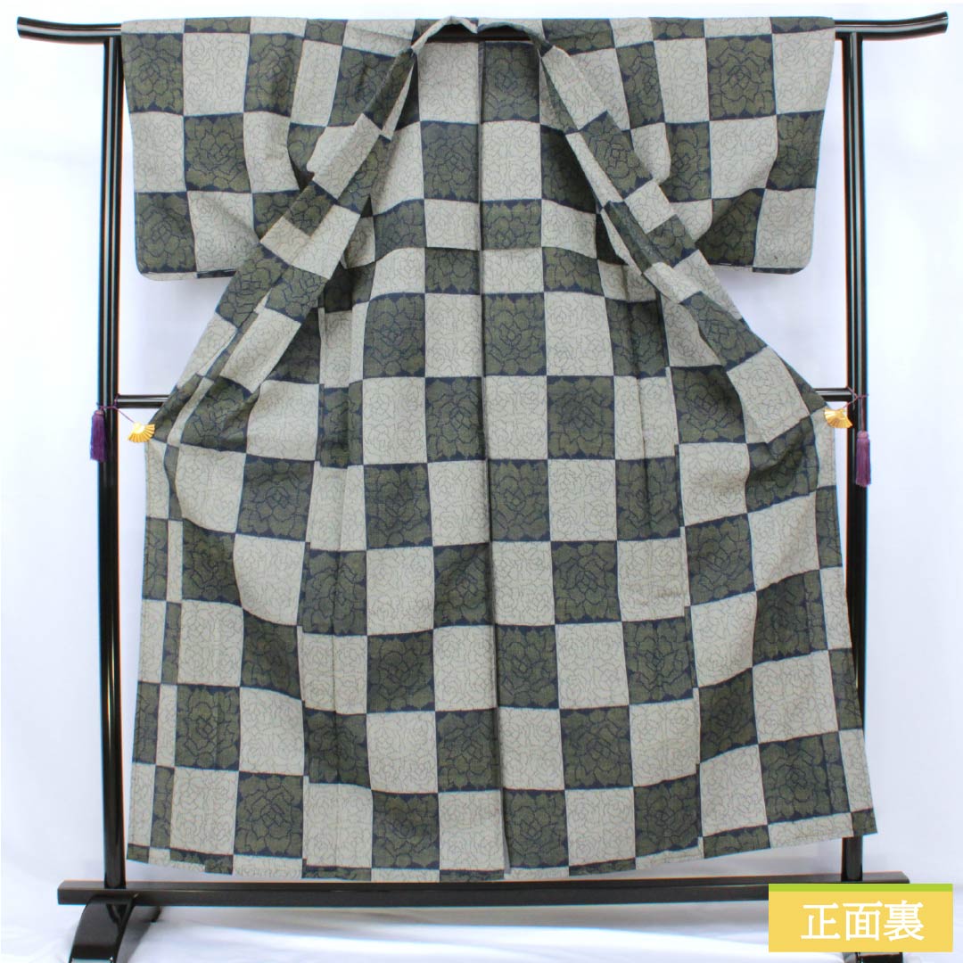 Pure silk tsumugi (pongee) kimono, S rank, length 159cm, sleeve length 63cm, gray and navy blue, checkered and abstract patterns, single layer, gray tones, product number 1116004682322