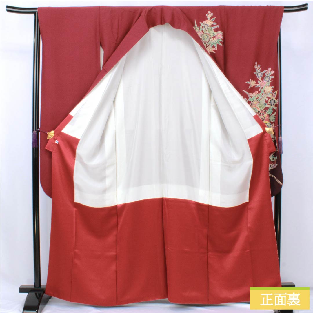 振袖 正絹 Sランク 身丈164cm 裄丈67cm 袷 臙脂色（えんじいろ） 京紅型 吉祥文様 ちりめん地 パールトーン加工 赤系 1113002492412