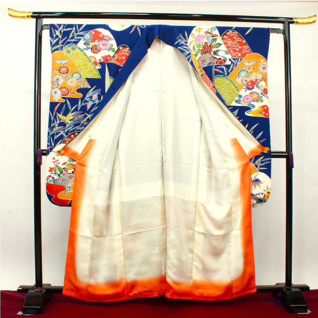 振袖 身丈160cm 裄丈65cm 袷  瑠璃色 京紅型 吉祥文様  正絹 Aランク 紺系 1113001753418